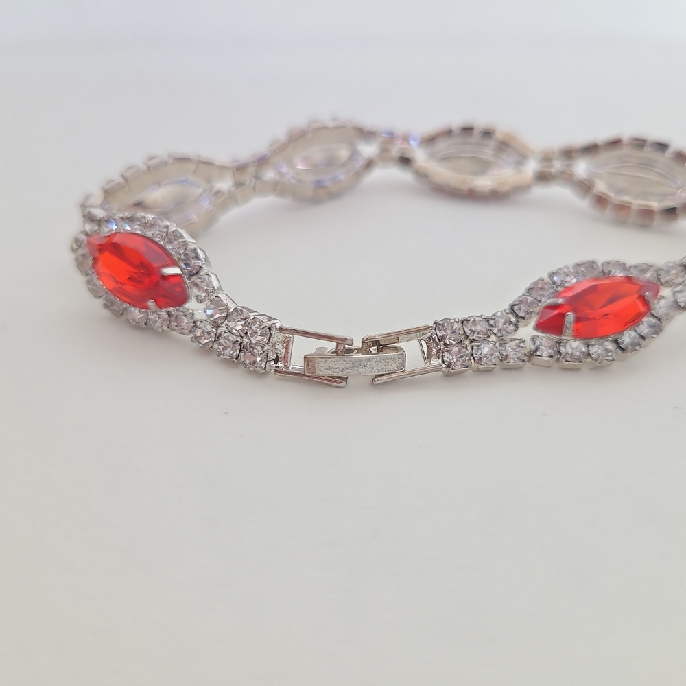 Red Marquise Rhinestone Tennis Bracelet Silver Tone Statement Vintage Style - Picture 7 of 9